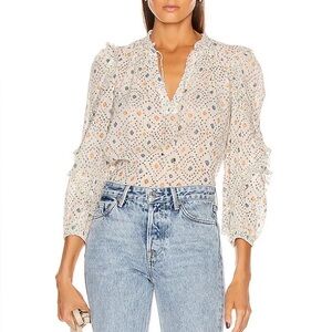 ULLA JOHNSON Manet 3/4 Sleeve Ruffle Blouse in Cream Metallic Size 2